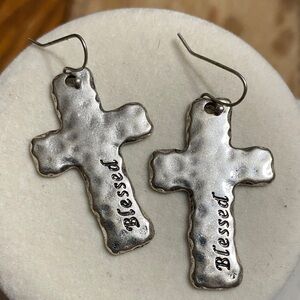 Silver Cross Earrings with 'Blessed' Inscription